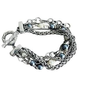 Mixed Media Faux Cream and Blue Pearl and Silver Chain T Clasp Bracelet